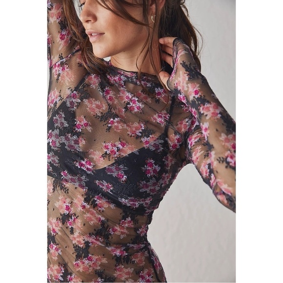 Free People Lady Lux Printed Layering Top in Black Combo XS NWOT NEW Floral - Picture 5 of 14